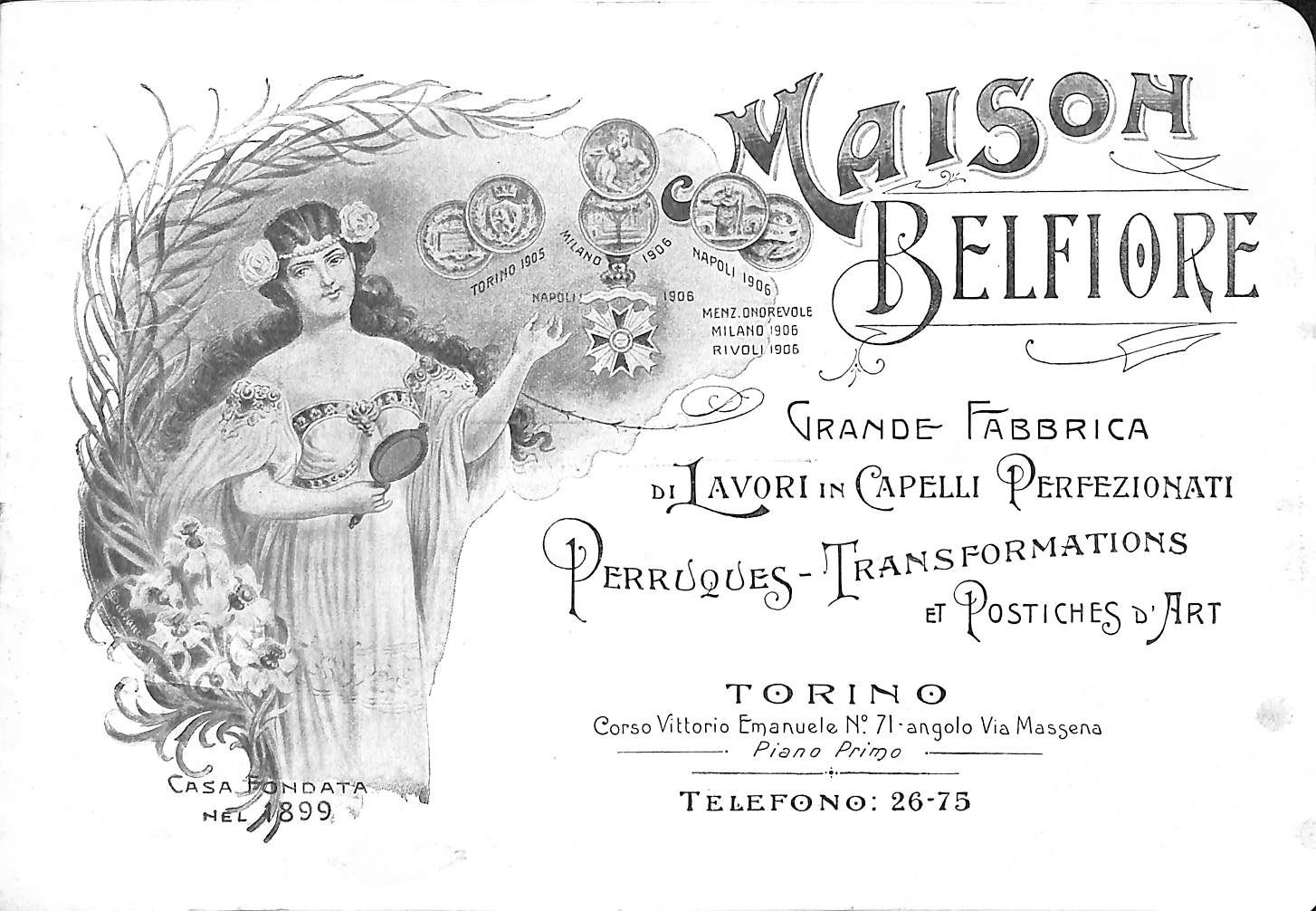 Maison Belfiore. Grande fabbrica di lavori in capelli perfezionati, perruques, transformations et postiches d'art